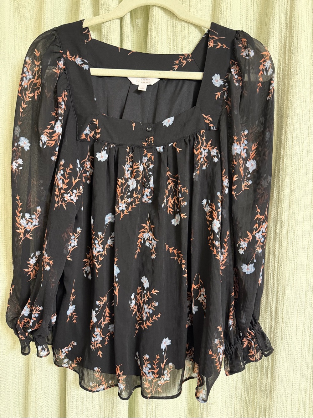 LC Lauren Conrad Black Floral Square-Neck Blouse